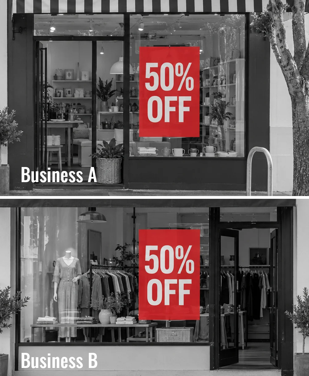 Business A and Business B shopfronts displaying red 50% off sale signs