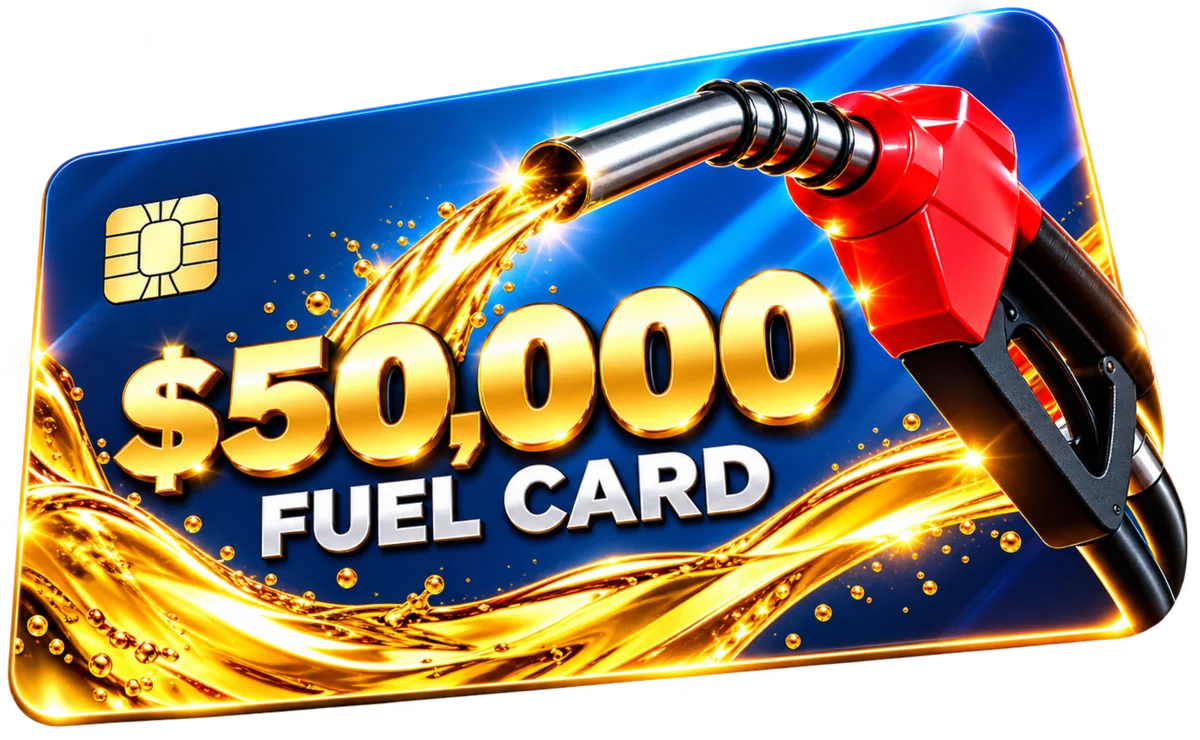 $50,000 fuel card with a fuel nozzle pouring golden fuel