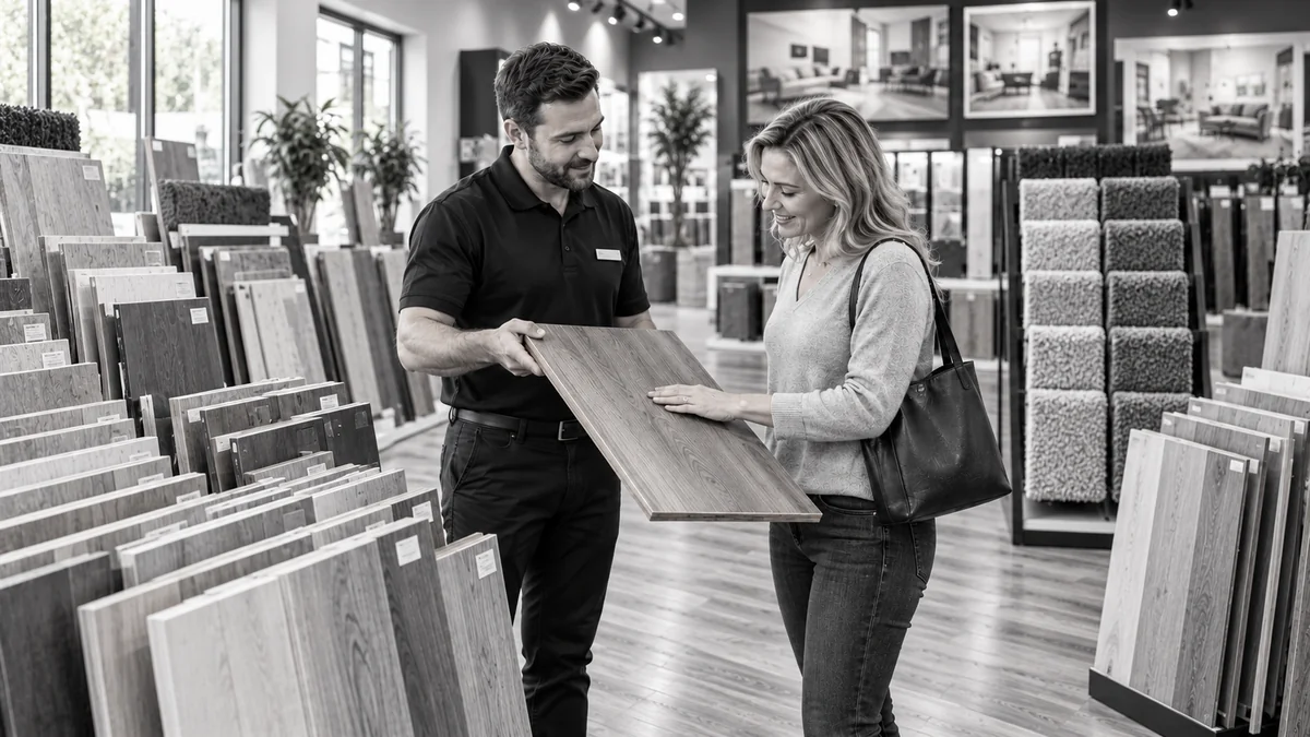 Salesperson showing a customer flooring samples