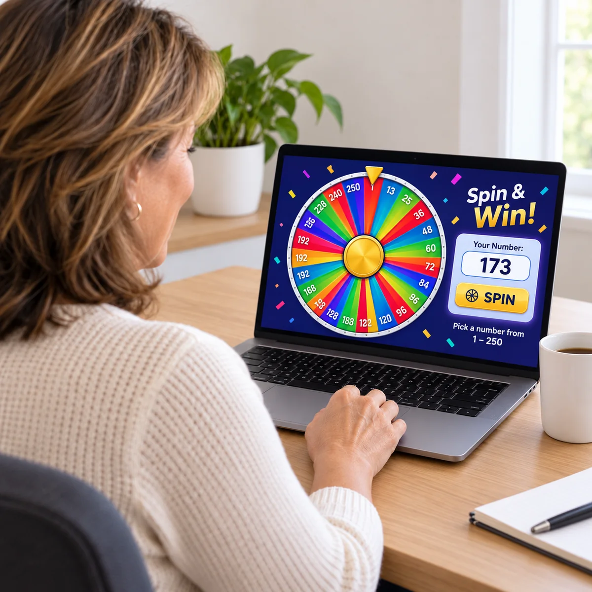 A customer using a Spin & Win prize wheel on a laptop at home