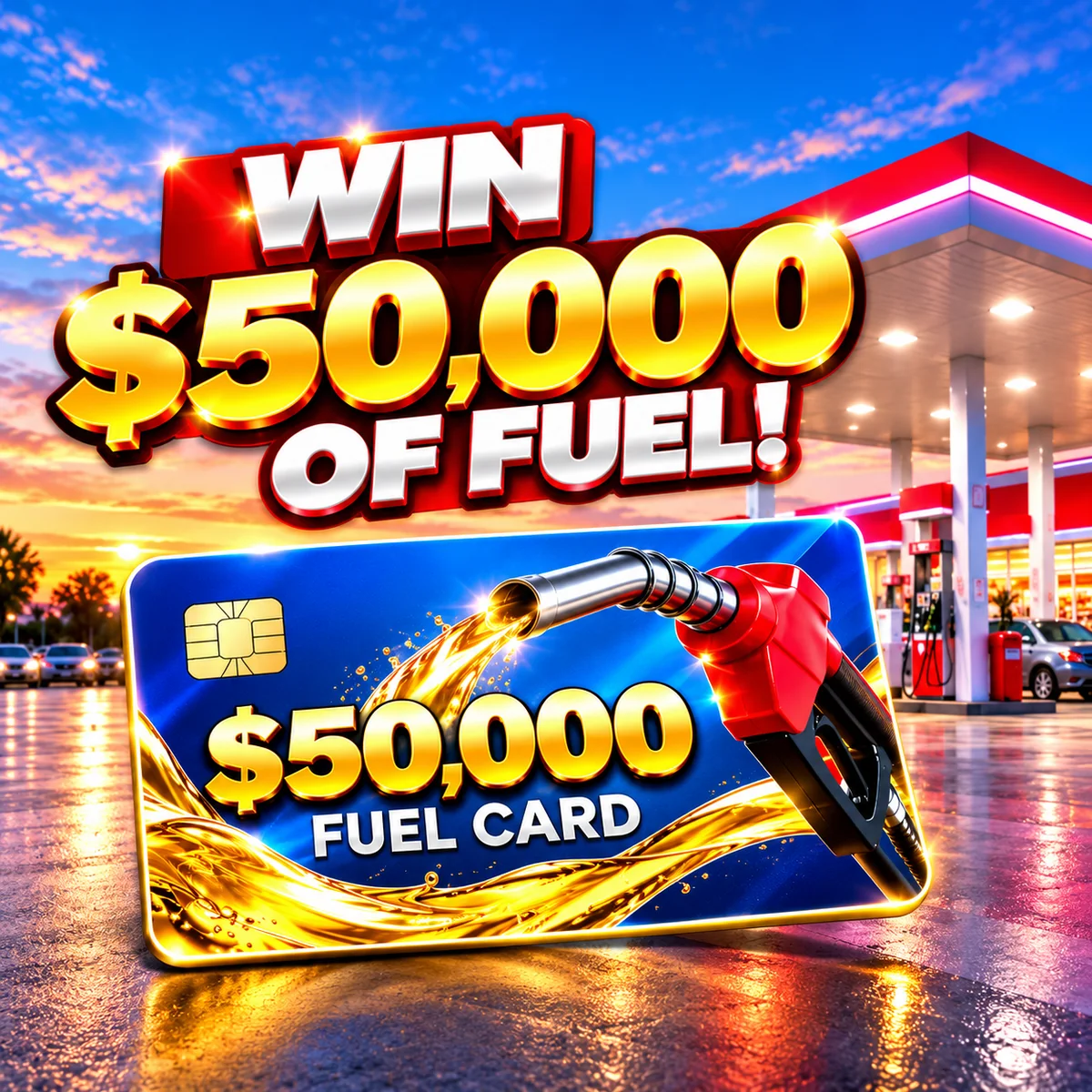 Win $50,000 of fuel — fuel-card giveaway at a petrol station